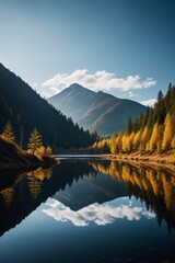 Obraz premium trees are reflected in the still water of a lake in the mountains