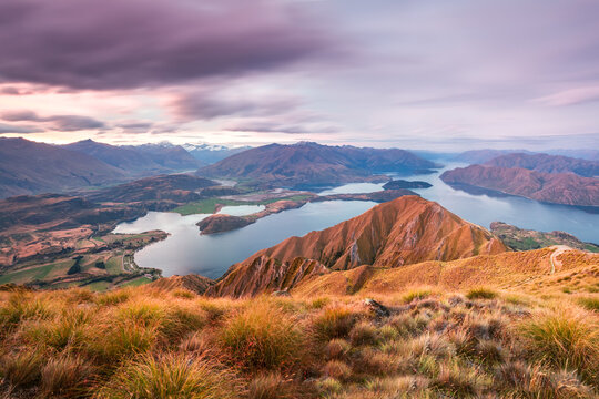 Epic landscape at sunset from Mt Roy, Wanaka lake, New Zealand