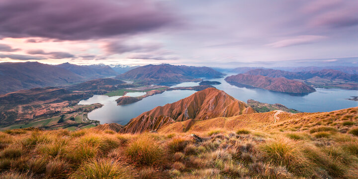 Panoramic landscape at sunset, Mt Roy, Wanaka, New Zealand