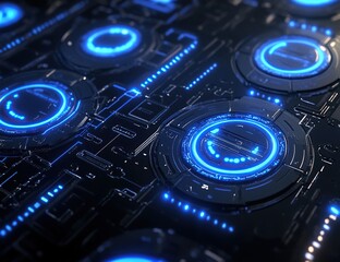 Futuristic Technology:  Glowing Circuits and Panels Displaying Data with Neon Blue Lights in a Dark Setting.