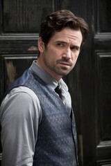 Fototapeta premium A man in a stylish blue vest and white shirt poses against a dark wooden background, exuding a classic and elegant vibe