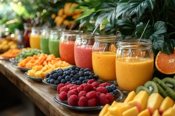 Colorful fruit smoothies buffet, tropical setting