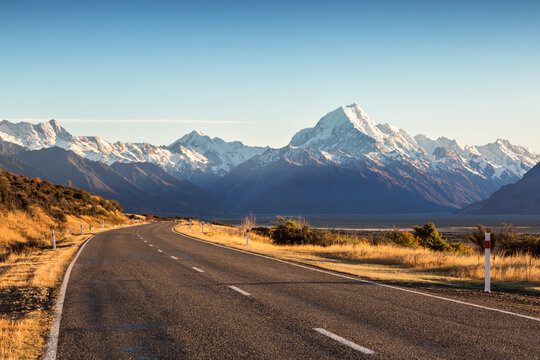 Empty road to Aoraki Mt Cook, Canterbury, New Zealand