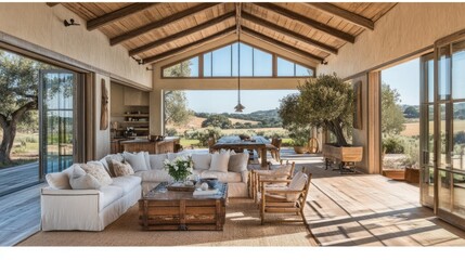 Fototapeta premium A rustic farmhouse living room featuring Dust Sunlight walls and warm wooden floors.