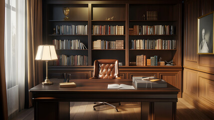 home office with a dark wooden desk, a leather chair, and a bookshelf filled with neatly arranged books 