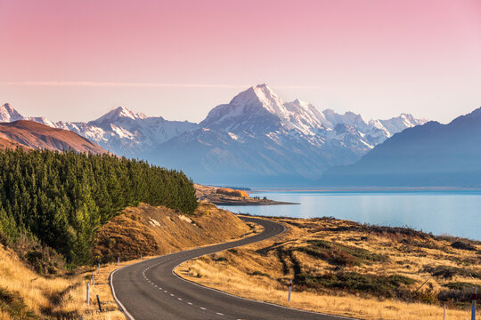Winding road leading to Mt Cook at sunset, Canterbury, New Zealand