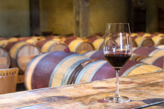 Glass of red wine in a winery cellar, New Zealand
