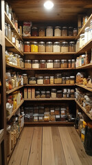 well organized pantry filled with various jars and containers of spices, grains, and snacks, showcasing rustic wooden design and ample storage space