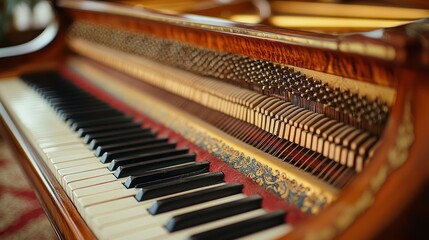 Antique grand piano interior, close-up, ornate details, vintage room
