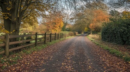 Fototapeta premium Autumnal country lane, leaves, trees, fence, sunrise