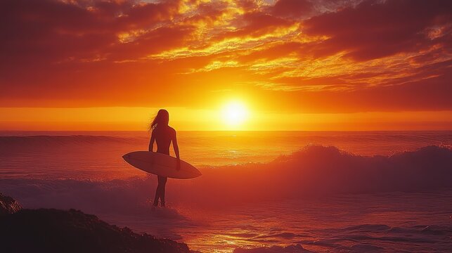 Surfer girl sunset ocean beach waves