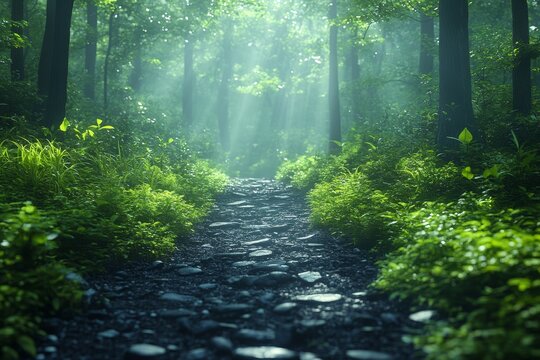 Misty forest path, sunlight, green foliage, serene nature scene; background for websites - Powered by Adobe