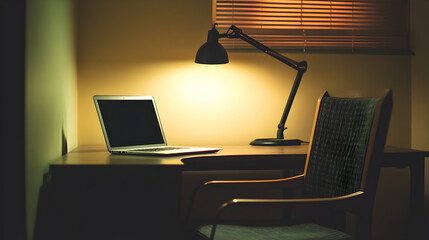 office corner with a laptop, an adjustable lamp, and a comfortable chair in a peaceful work environment 