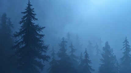 Serene Misty Forest at Dusk with Tall Evergreen Trees and Enigmatic Blue Ambient Light