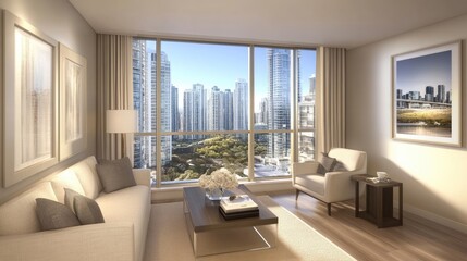 Fototapeta premium A stylish city apartment featuring Granite Sand walls and elegant modern furniture.