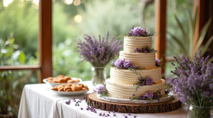 three-layered wedding cake with lavender and purple flowers