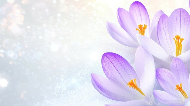 Springtime Bloom:  Delicate purple crocuses unfurl their petals in a radiant burst of color, against a soft, ethereal backdrop.  The vibrant hues evoke a sense of renewal and hope. - Powered by Adobe