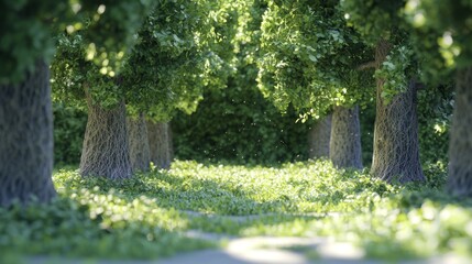 Obraz premium Lush Green Forest Pathway Surrounded by Majestic Trees and Vibrant Foliage on a Sunny Day