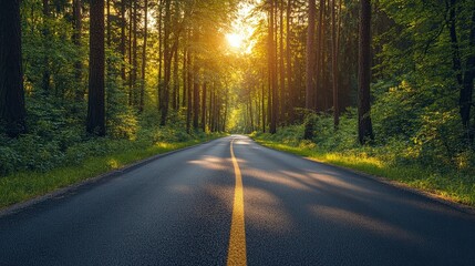 Fototapeta premium A scenic highway leading to 2025 winds through lush forests, symbolizing a journey through nature. --ar 16:9 --style raw --stylize 250 --v 6.1 Job ID: 3160451f-8f0b-4aac-ad83-2e63fc60bdf8