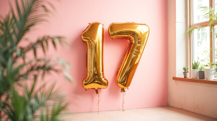 Fototapeta premium two gold number 17 balloons against a pink wall