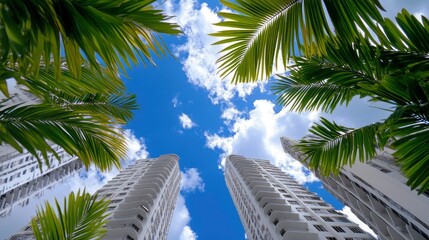 Fototapeta premium Tropical Cityscape Palm Trees and Modern Highrises Under a Blue Sky