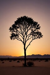 Fototapeta premium arafed tree in the desert at sunset with mountains in the background