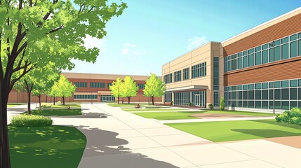 Sunny day at a modern school campus with green trees, paved walkways, and brick buildings.