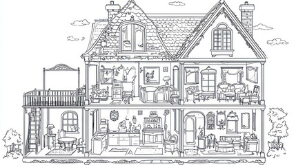 Obraz premium Victorian dollhouse interior cutaway, furnished rooms, backyard