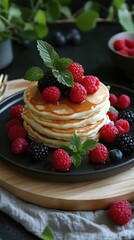 Delicious Pancake Stack with Fresh Berries and Maple Syrup for a Sweet Breakfast Treat