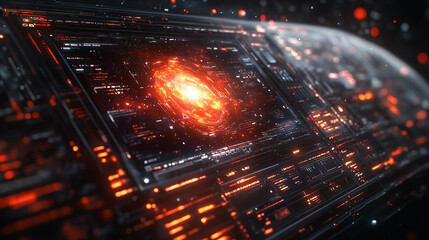 A digital display hologram HUD screen projects advanced technology from space, symbolizing innovation, modernity, and the future, with a bright, blurred background and empty space for captions