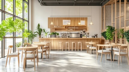 Obraz premium A trendy coffee shop interior with Granite Sand walls and modern wooden decor.