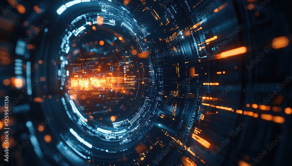 Poster digital tunnel: exploring futuristic data streams with vibrant lights and abstract patterns in a tec
