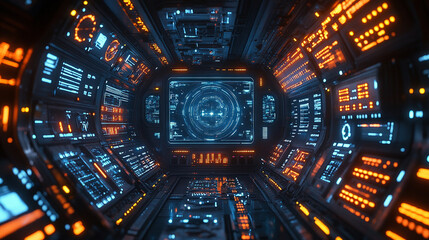 A digital display hologram HUD screen projects advanced technology from space, symbolizing innovation, modernity, and the future, with a bright, blurred background and empty space for captions