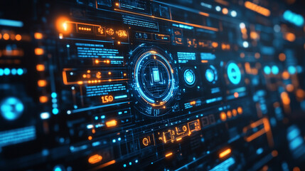 A digital display hologram HUD screen projects advanced technology from space, symbolizing innovation, modernity, and the future, with a bright, blurred background and empty space for captions