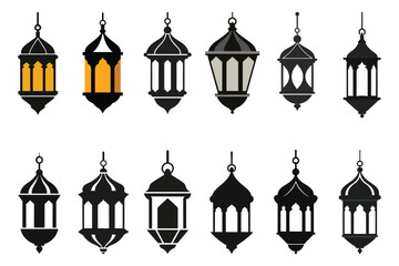Arab Islamic lantern lamp silhouettes for Ramadan or Eid Mubarak holiday, vector decorations. Islam or Muslim ornament lamp lanterns with pattern of stars, crescent moon for Ramadan Kareem greeting © Jaker