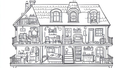 Obraz premium Dollhouse cutaway showing rooms, furniture, garden. Kids' room design, interior design inspiration