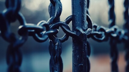 Close-up shot of a heavy metal chain link fence with blurred background