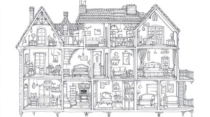 Victorian house cutaway, interior design, rooms, furniture, illustration