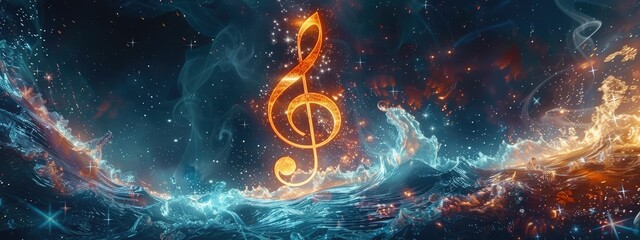a musical note surrounded by water all around