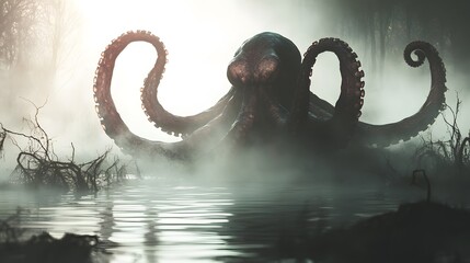 Naklejka premium Large octopus rises from misty waters in a haunting swamp