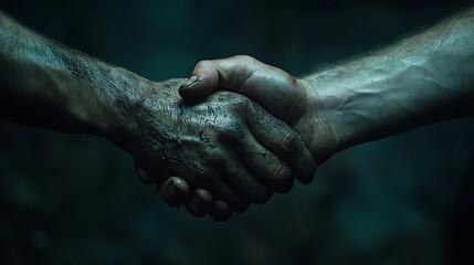Fototapeta premium A handshake captured under directional lighting, with deep shadows emphasizing the spaces between fingers and knuckles, hands appearing rugged and textured, hd quality,