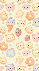 Kawaii Cute Characters Watercolor Pattern Wallpaper Background