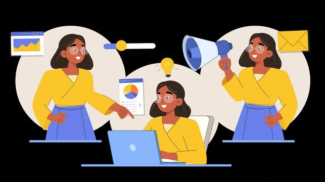 Illustrate multitasking with vector character animation. Characters perform several tasks at once, such as working, answering calls, and managing responsibilities in a scalable, professional design.