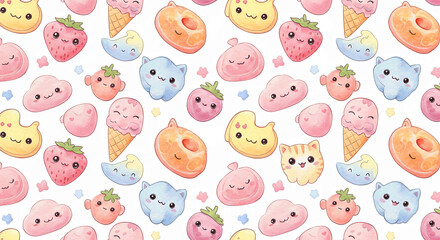 Kawaii Cute Characters Watercolor Pattern Wallpaper Background