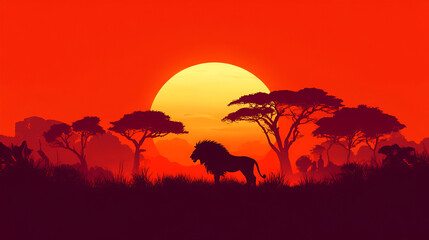 Silhouette of an African Lion at Sunset &ndash; Vector Illustration