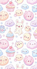 Kawaii Cute Characters Watercolor Pattern Wallpaper Background