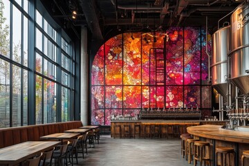 Modern brewery interior with large stained-glass artwork. Perfect for articles on craft beer, industrial design, or restaurant spaces.