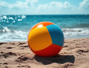 Obraz premium Beach Ball on Sandy Shore near Ocean Waves on Sunny Day