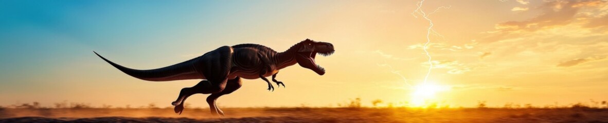 Fototapeta premium Shadow of a T-rex roaring as lightning strikes in the distance