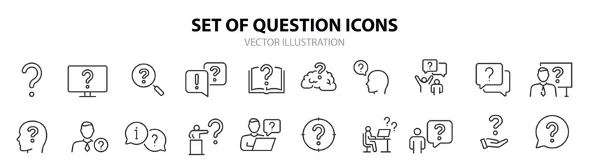 Question web icons in line style. Question mark, insecure person, confused, quiz question, collection. Vector illustration.